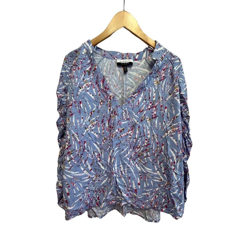 Eloquii Elements‎ Blouse Purple Floral 3/4 Ruched Sleeve Zebra La Vida Plus 20 - Picture 3 of 16